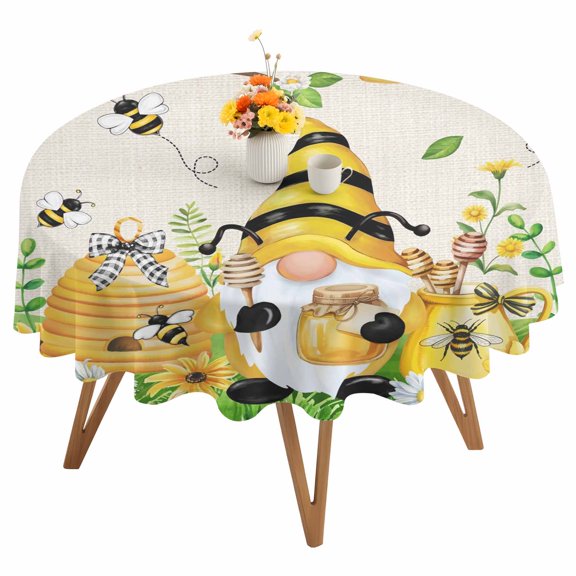 Yellow Gnome Honeycomb Round Tablecloth 54 inches Vintage Yellow Sunflower Bee Honey Linen Texture Waterproof Oil-Proof Table Cloth Round Table Cover for Holiday Party Picnic Dinner Decor