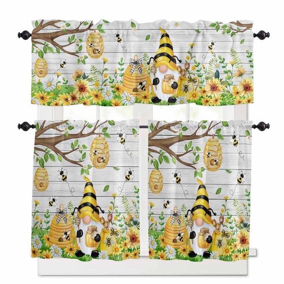 Yellow Gnome Honeycomb Window Curtains Valance Set of 3 Vintage Yellow Bee Sunflower Honey White Wooden Grain Rod Pocket Small Kitchen Curtain, Soft Window Treatment for Bedroom Party Holiday Decor