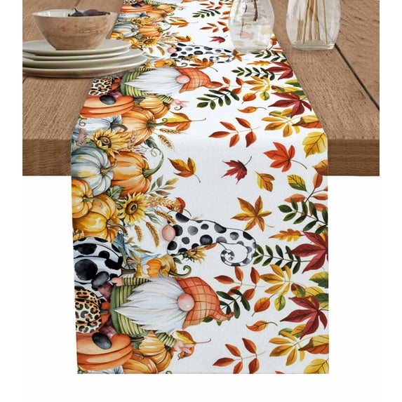 Yellow Gnome Pumpkins Table Runner Watercolor Country Leaves Tablerunners 16 x 72 Inch, Table Decorations Tabletop Scarf for Summer Gathering Holiday Farmhouse Kitchen Dining Decor