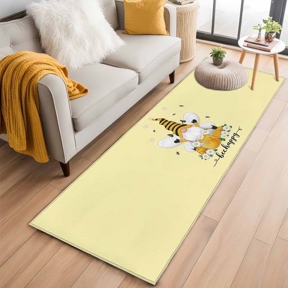 Yellow Gnomes 2'x6' Runner Rugs for Hallway Kitchen Bedside Non Slip Washable, Spring Bees Daisy Honey White Floral Entryway Rug Runners with Rubber Backing, Long Carpet Runner for Laundry Room