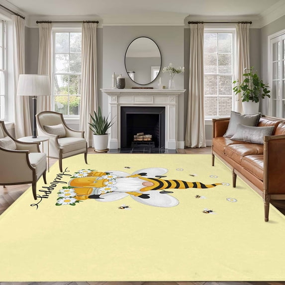 Yellow Gnomes Area Rug 8x10 Washable Rug Non Slip Spring Bees Daisy Honey White Floral Large Area Rug Soft Stainresistant Indoor Floor Carpet for Living Room Bedroom Home Office Dining Room Nursery