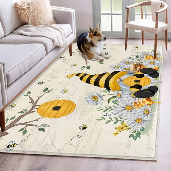 Yellow Gnomes Area Rugs 2.7'x5', Washable Small Throw Rugs for Kitchen Bedroom, Spring Floral Bees Daisy Branches Indoor Outdoor Rug Non-Slip Low Pile Carpet Runner Reversible Floor Mats
