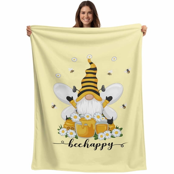 Yellow Gnomes Blanket Soft Cozy Warm Throw Blanket for Couch, Plush Fuzzy Flannel Fleece Blankets for Sofa, Spring Bees Daisy Honey White Floral Bed Blankets Lightweight Gifts for Women, 40"x50"
