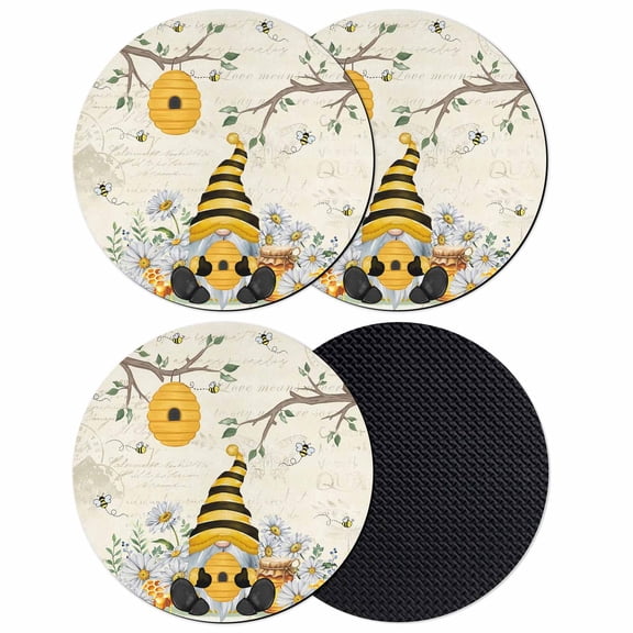 Yellow Gnomes Coasters Set of 4, Absorbent Coasters for Drinks, Spring Floral Bees Daisy Branches Coaster for Desk Coffee Table Protection, Home Decor House Warming Gifts 4"