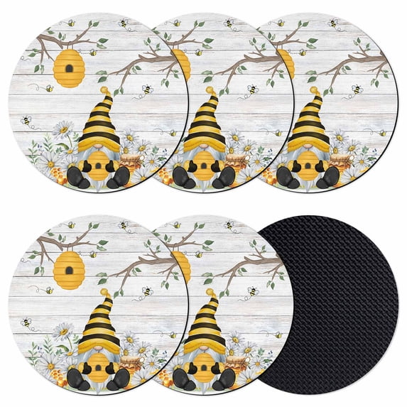 Yellow Gnomes Coasters Set of 6, Absorbent Coasters for Drinks, Spring Floral Bees Daisy Branches Wooden Coaster for Desk Coffee Table Protection, Home Decor House Warming Gifts 4"