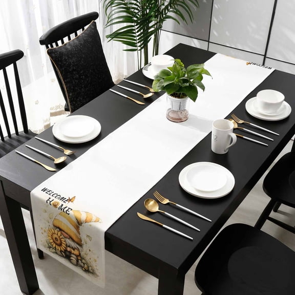 Yellow Gnomes Cotton Linen Table Runner 13 x 70 inch Sunflower Bee Pastoral Botanical Retro Non-slip Rectangular Dining Table Decor for Wedding Party Holiday Dinner