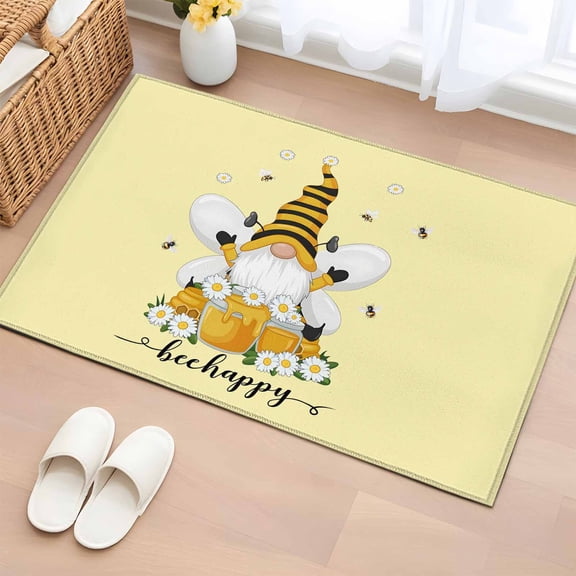 Yellow Gnomes Entryway Rug 2'x3' Non Slip Front Door Mats, Spring Bees Daisy Honey White Floral Entrance Rugs Indoor Outdoor Carpet, Washable Floor Mats Small Area Rug for Bedroom Kitchen