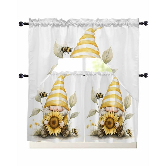 Yellow Gnomes Kitchen Curtains Sets 36 Inch Length with Valance, Sunflower Bee Vintage Abstract Artwork Swag Valances and Tiers Curtain Set Drapes Swag Curtains for Living Room, Bathroom, Bedroom