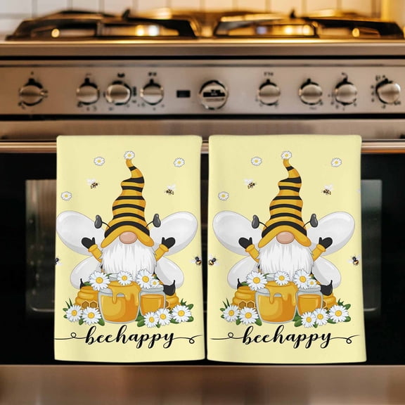 Yellow Gnomes Kitchen Towels Set of 1, Spring Bees Daisy Honey White Floral Absorbent Dish Towels for Kitchen, Microfiber Hand Towel, Quick Drying Tea Towel for Cleaning Decorative Dishcloths