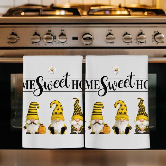 Yellow Gnomes Kitchen Towels Set of 2, Farmhouse Spring Botanical Flowers Daisy Absorbent Dish Towels for Kitchen, Microfiber Hand Towel, Quick Drying Tea Towel for Cleaning Decorative Dishcloths