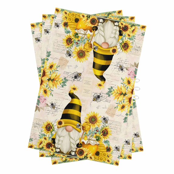 Yellow Gnomes Kitchen Towels Set of 3, Water Absorbent Dish Towel, Sunflower Floral Bee Vintage Decorative Hand Towels - Quick Drying Cloth for Cooking Baking, 18x28 Inch