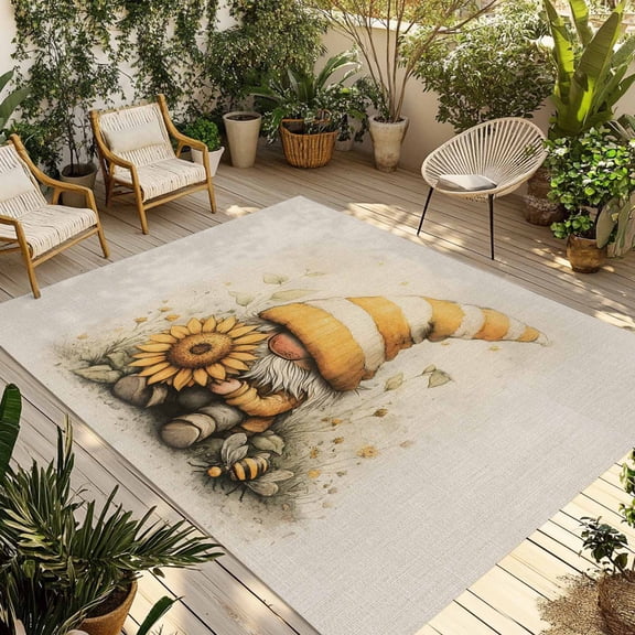Yellow Gnomes Outdoor Rug 5x7 Ft - Reversible Patio Rug Outdoor Camping Rugs, Sunflower Botanical Line Retro Pastoral Washable Indoor Outdoor Area Rugs, Non-Slip Outdoor Carpet Runner for Deck/Porch