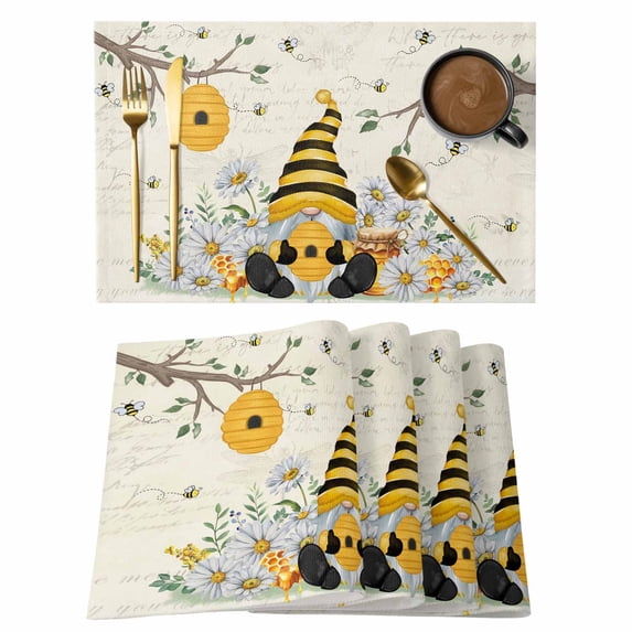 Yellow Gnomes Placemats Set of 4, Spring Floral Bees Daisy Branches Placemats for Dining Table, Place Mats for Kitchen Tabletop, Waterproof Wipeable Dining Table Mats Set
