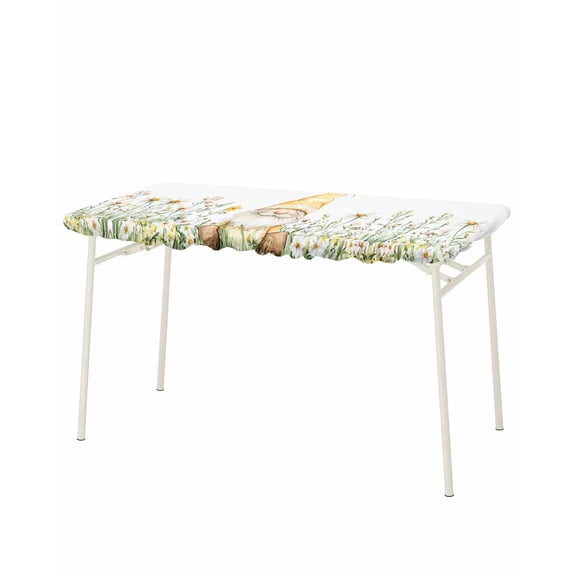 Yellow Gnomes Rectangle Tablecloth, Waterproof Elastic Fitted Table Covers for 8 Foot Tables, 32x96inch Decorative Tablecloths for Picnic, Camping, Indoor, Outdoor, Farmhouse Spring Floral Watercolor