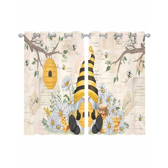 Yellow Gnomes Sheer Curtains 45 Inch Length 2 Panels Set for Living Room/Bedroom, Spring Floral Bees Daisy Branches Watercolor Kitchen Curtains Grommet Semi-Sheer Curtains Window Treatments 42"x45"x2