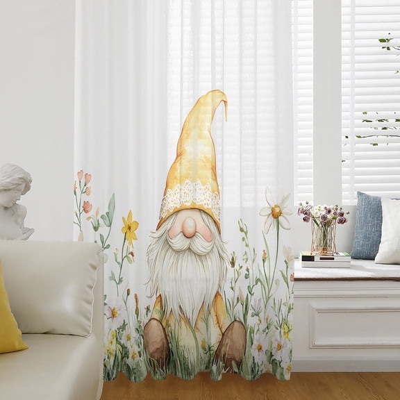 Yellow Gnomes Sheer Curtains 45 Inch Length, Light Filtering Voile Curtain Panel, Farmhouse Spring Floral Watercolor Rod Pocket Drapes Window Treatments for Living Room Bedroom 52"x45"