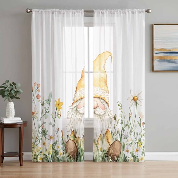 Yellow Gnomes Sheer Curtains 63 Inch Length 2 Panels Set, Farmhouse Spring Floral Watercolor Voile Window Treatment Rod Pocket Curtains Sheers Drapes for Bedroom/Living Room/Kitchen 52x"63"x2