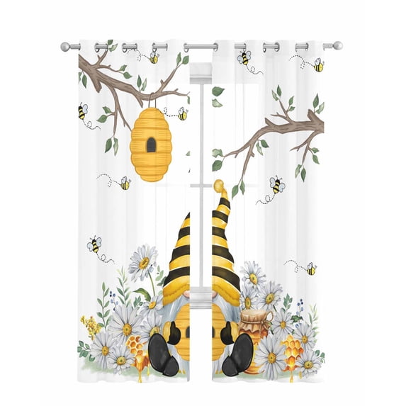 Yellow Gnomes Sheer Curtains 63 Inch Length 2 Panels Set for Living Room/Bedroom, Bees Spring Floral Daisy Branches Kitchen Curtains Grommet Semi-Sheer Curtains Drapes Window Treatments 42"x63"x2