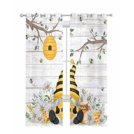 Yellow Gnomes Sheer Curtains 84 Inch Length 2 Panels Set for Living Room/Bedroom, Spring Floral Bees Daisy Branches Wooden Kitchen Curtains Grommet Semi-Sheer Curtains Window Treatments 42"x84"x2