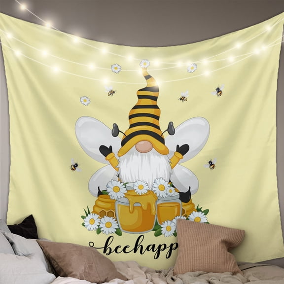 Yellow Gnomes Small Tapestry for Bedroom Wall Hanging Tapestry, Spring Bees Daisy Honey White Floral Ceiling Backdrop Tapestries Poster Blanket Wall Decor for Teens Room Living Room Dorm 23" x 28"