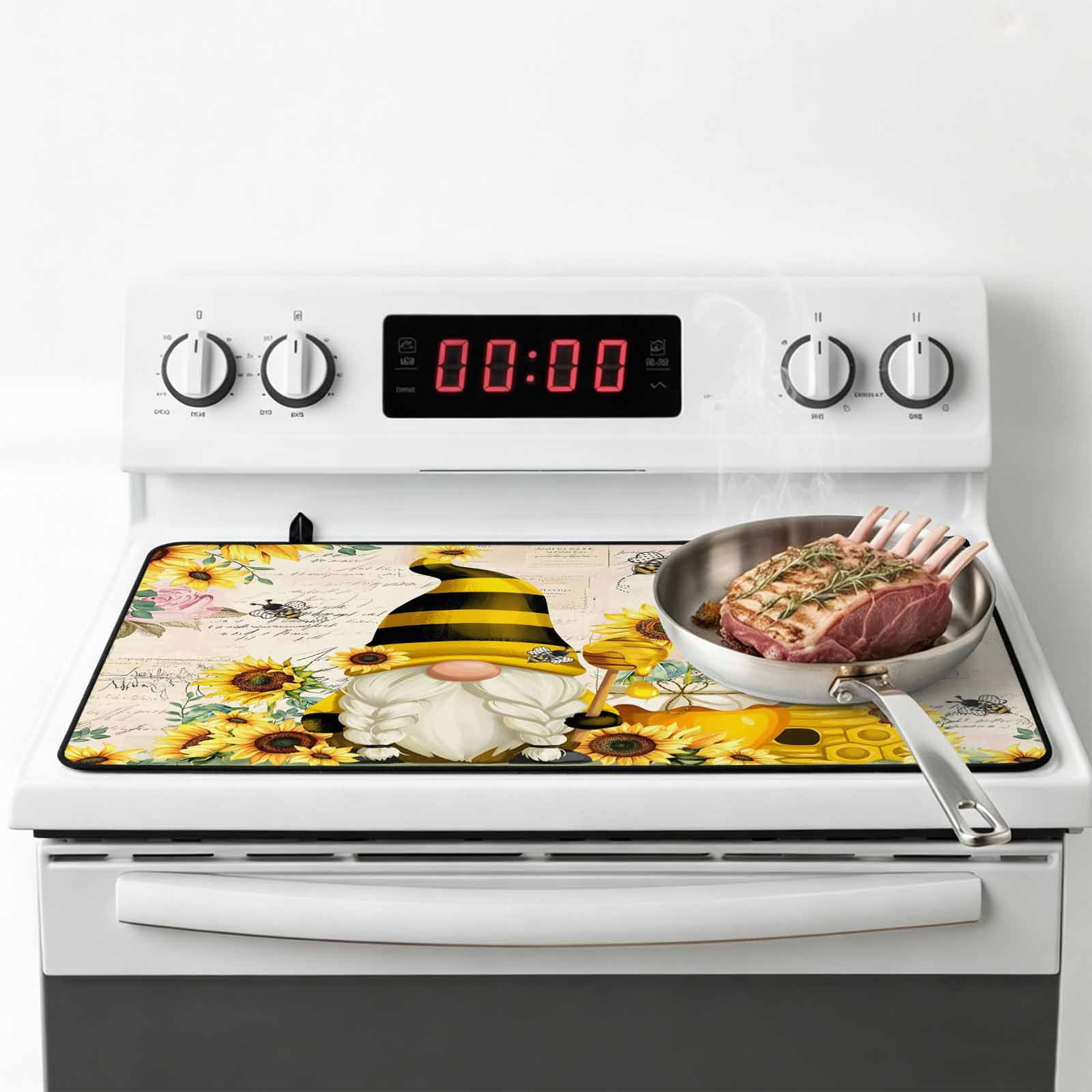 Yellow Gnomes Stove Top Cover for Electric Stove, Heat-proof & Non Slip Glass Top Stove Cover Protector, Sunflower Floral Bee Vintage Kitchen Flat Cooktop Rubber Mat 24x21 Inches