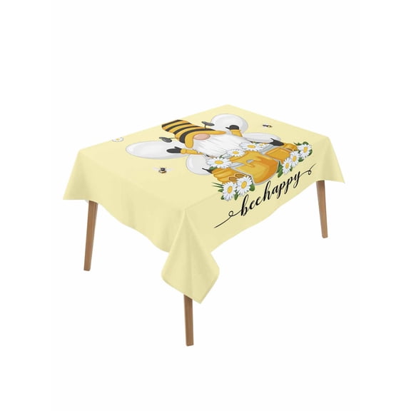 Yellow Gnomes Table Cloth, Waterproof Tablecloth for Rectangle Tables, Spring Bees Daisy Honey White Floral Reusable Washable Fabric Table Cover for Restaurant Kitchen Dining Tables 52"x70"