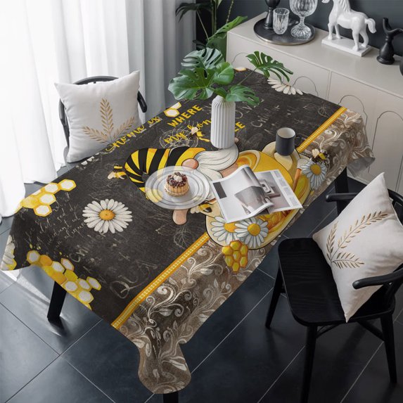 Yellow Gnomes Table Cloth Waterproof Tablecloths, Bee Daisy Honey Vintage Tablecloth Dining Table Cover for Kitchen Party Tabletop Outdoor, Rectangle Tablecloth 54x108 Inch