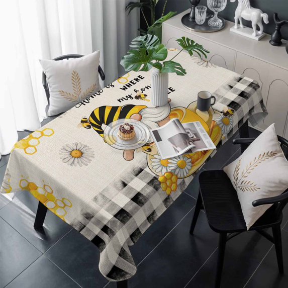Yellow Gnomes Table Cloth Waterproof Tablecloths, Vintage Daisy Honey Plaid Flower Tablecloth Dining Table Cover for Kitchen Party Tabletop Outdoor, Rectangle Tablecloth 60x120 Inch