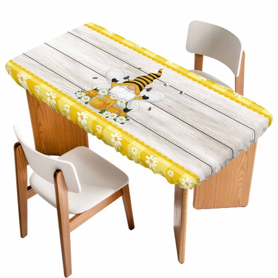 Yellow Gnomes Table Cloths for 4 Foot Rectangle Tables, Spring Bees Daisy Plaid Wooden Grain Patio Waterproof Elastic Fitted Tablecloths, Washable Rectangular Table Cover for Camping