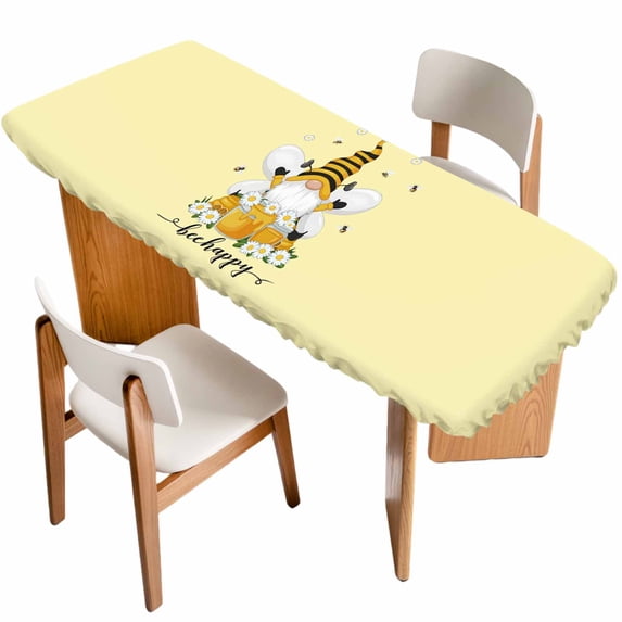 Yellow Gnomes Table Cloths for 8 Foot Rectangle Tables, Spring Bees Daisy Honey White Floral Patio Waterproof Elastic Fitted Tablecloths, Washable Rectangular Table Cover for Camping
