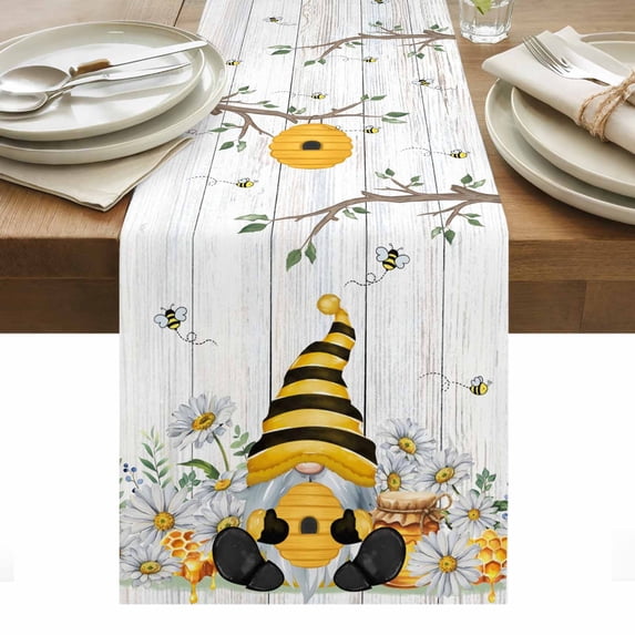 Yellow Gnomes Table Runner - 36 Inch Long, Kitchen Dining Table Runner Dresser Scarves, Spring Floral Bees Daisy Branches Wooden Farmhouse Decor for Coffee Tables Wedding Party Banquet