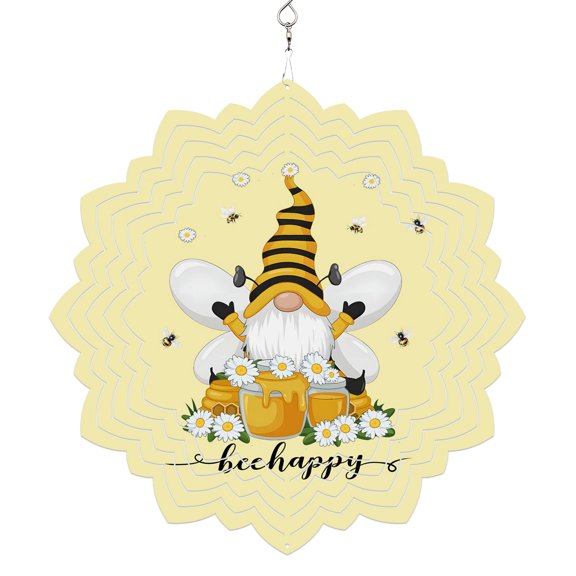 Yellow Gnomes Wind Spinner for Yard and Garden, Spring Bees Daisy Honey White Floral Hanging Wind Spinner Outdoor 3D Kinetic Wind Sculpture Spinners Indoor Outdoor Patio Décor Ornaments Gift 8 Inch