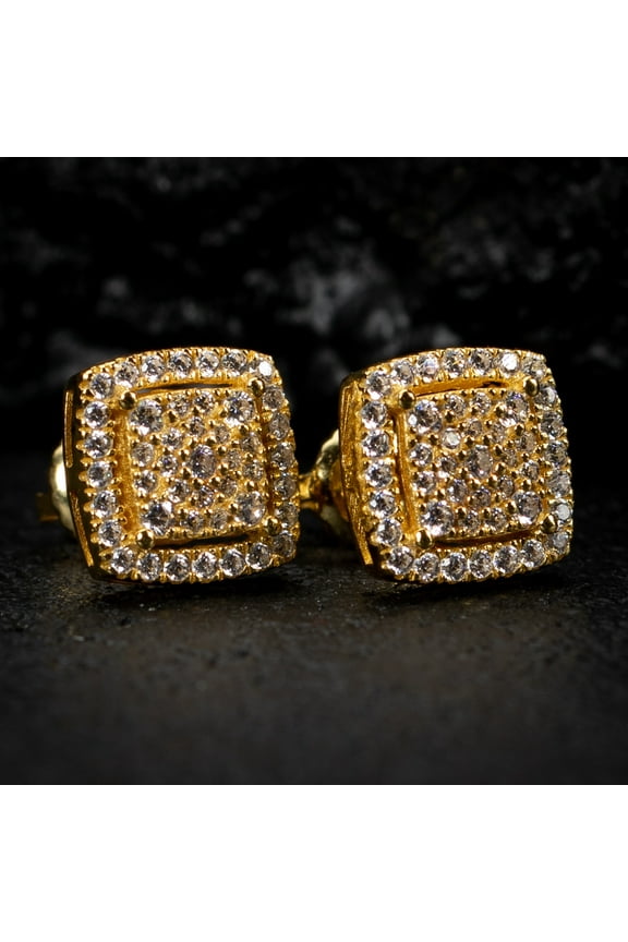 Yellow Gold 925 Sterling Silver Hip Hop 3D Cube Square Cluster Stud Earrings