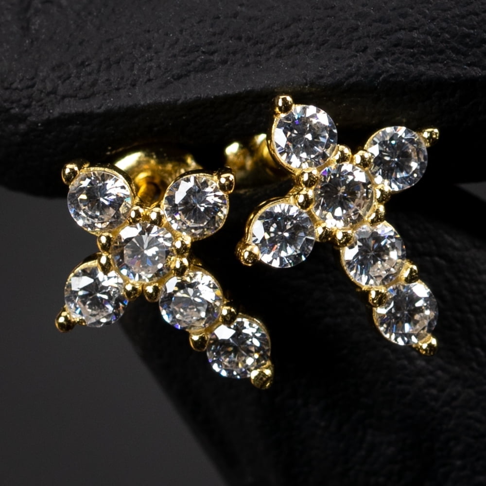 Small Solitaire Prong Set Iced 5A Cz Yellow Gold Plated 925 Sterling Silver Screw Back Post Crucifix Gothic Cross Stud Earrings