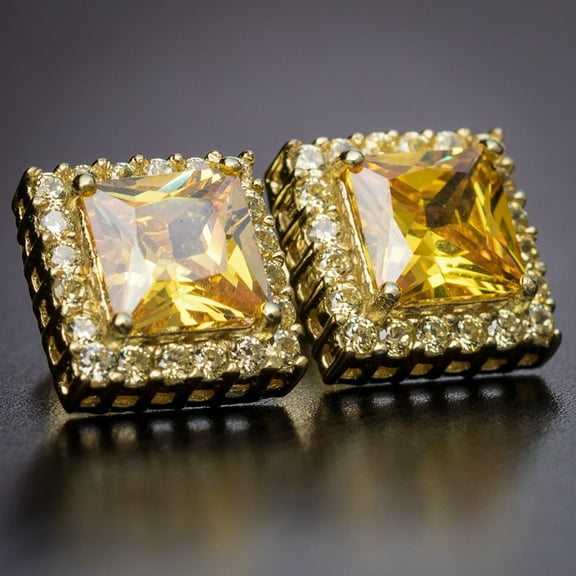 Yellow Gold 925 Sterling Silver Square Canary Yellow Cz Unisex Screw Back Earrings