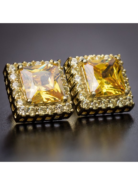 Yellow Gold 925 Sterling Silver Square Canary Yellow Cz Unisex Screw Back Earrings