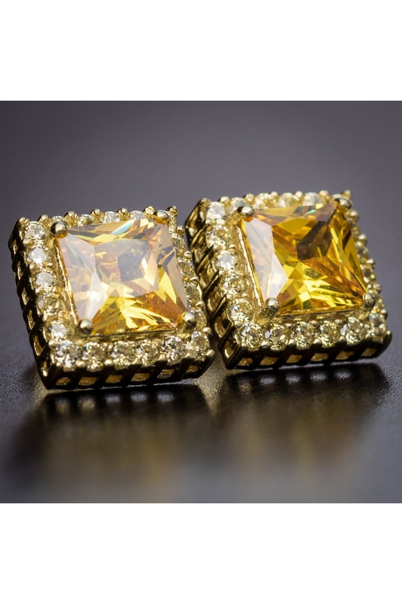 Yellow Gold 925 Sterling Silver Square Canary Yellow Cz Unisex Screw Back Earrings