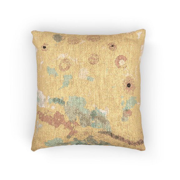 Yellow Gold Abstract Circles Woven Pillow, Pale Blue and Orange Geometric Pattern