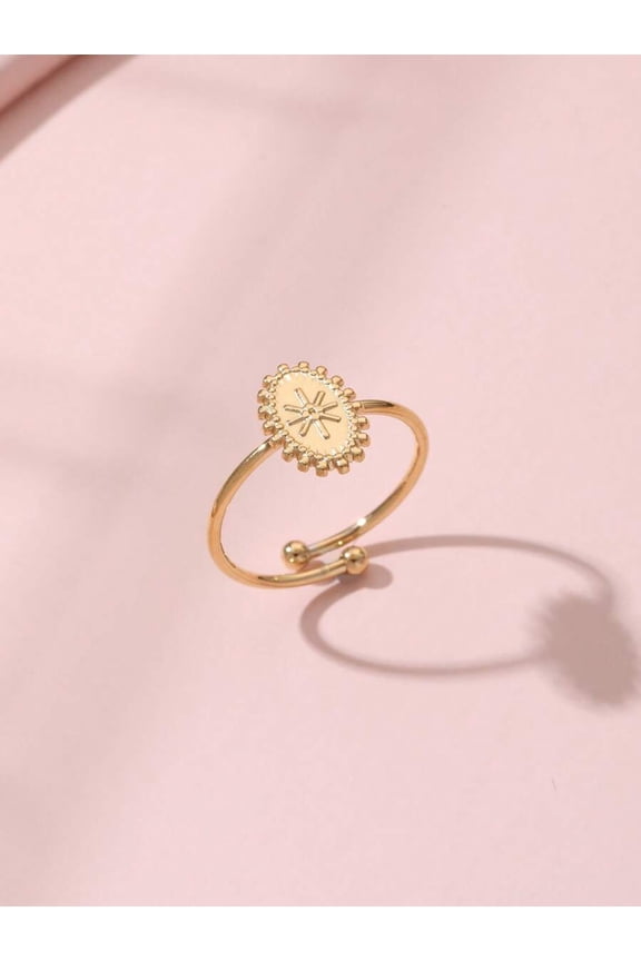 Yellow Gold Adjustable Open Ring With Sunburst Motif And Beaded Edge For Women Daily Wear
