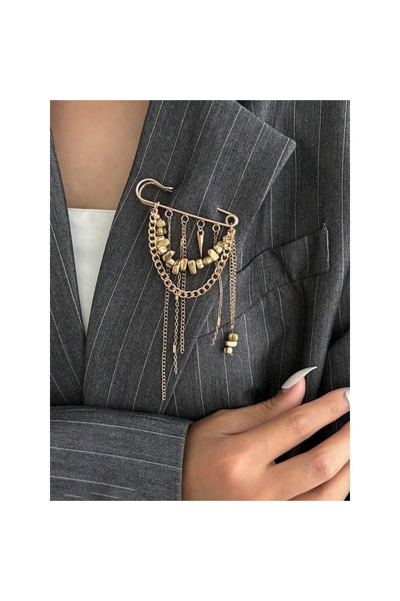 Yellow Gold Asymmetrical Beaded Tassel Multi-Chain Brooch Pin For Women Lapel Jewelry