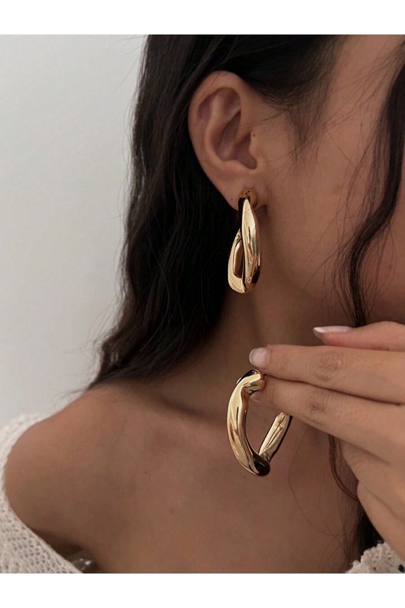 Yellow Gold Asymmetrical Wave Hoop Earrings For Women