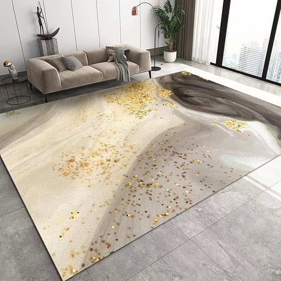 Yellow Gold Black Abstract Area Rugs, Brown Gray Swirl Gold Foil Texture Print Rug, Minimalist Art Soft Washable Carpet For Kids Living Room Study Bedroom Office Corridor 5 x 6ft