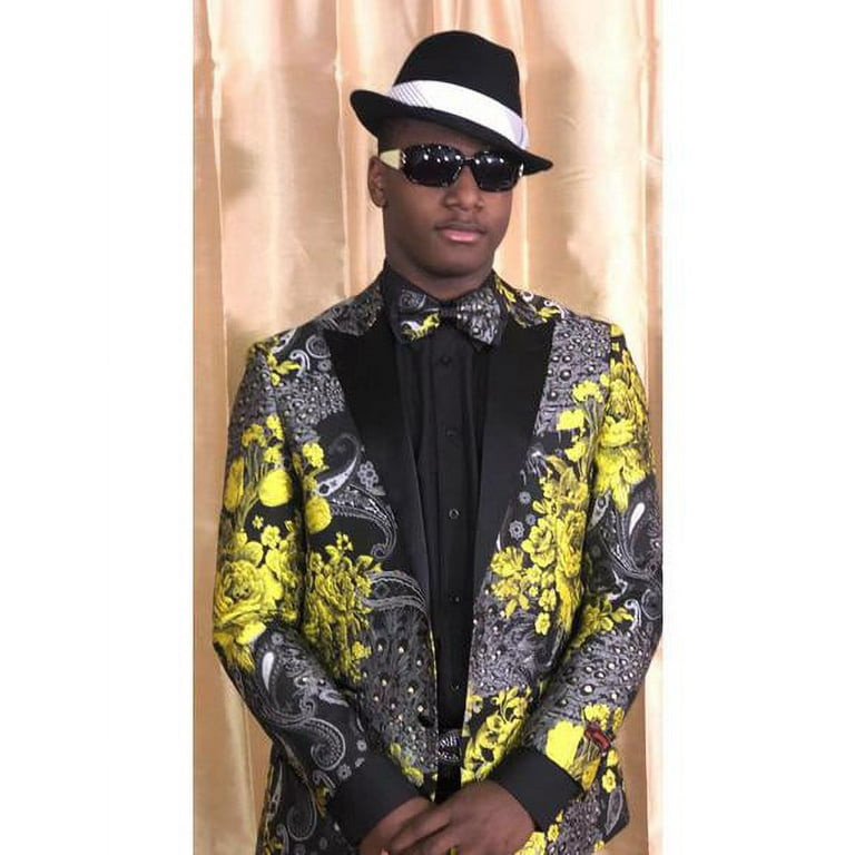 Yellow Gold Black And Grey Floral Satin Shiny Fashion Blazer Dinner Jacket  Paisley Sport Coat Flashy Stage Fancy Party Prom + Free Matching Bowtie 