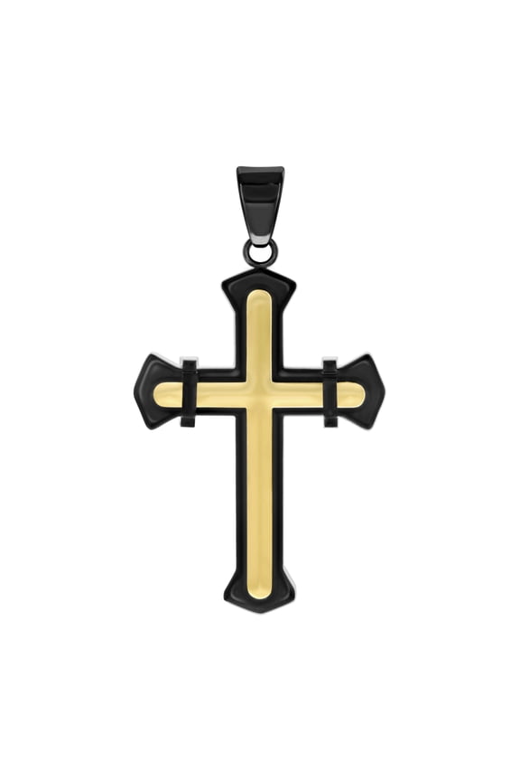 Yellow Gold & Black Plated Two-Tone Stainless Steel Men's Polished Finish Pointed Cross Pendant Religious Charm | Color Options