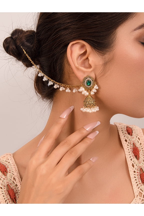 Yellow Gold Bohemian Jhumka Earrings With Green Stone And Pearl Dangles