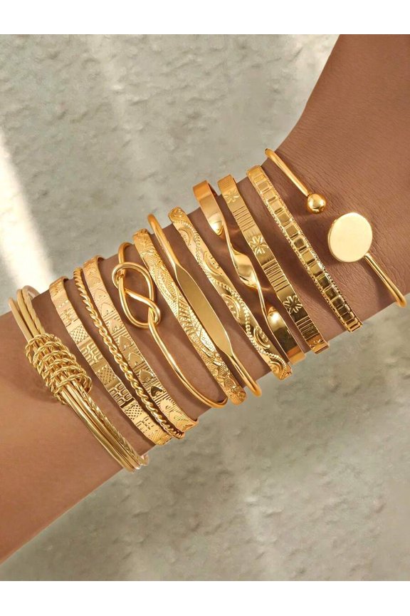 Yellow Gold Bracelet Set 12 Pieces Textured Geometric Floral Wavy Fashion