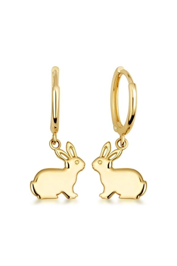 Yellow Gold Bunny Rabbit Drop Huggie Hoop Earrings (10K)