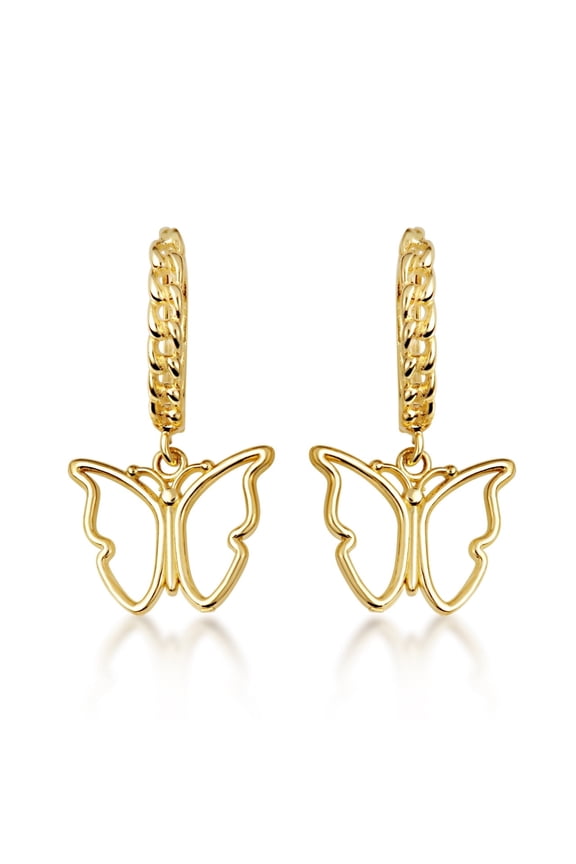 Yellow Gold Butterfly Nature Cuban Link Huggie Earrings (10K)