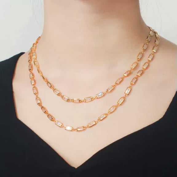 Yellow Gold CZ Layer Long Baguette Chain Chocker Necklace Bohemian Jewelry Gift