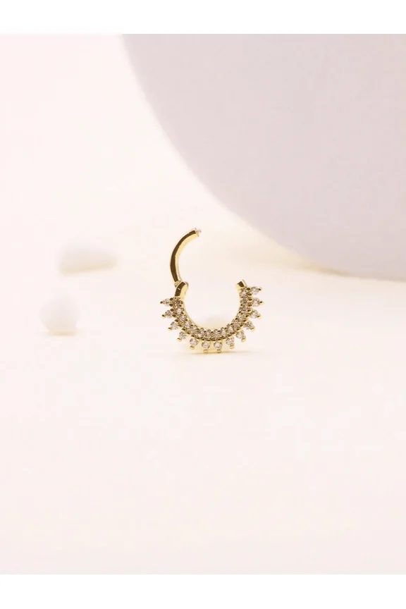 Yellow Gold CZ Pavé Hoop Septum Ring With Sunburst Design